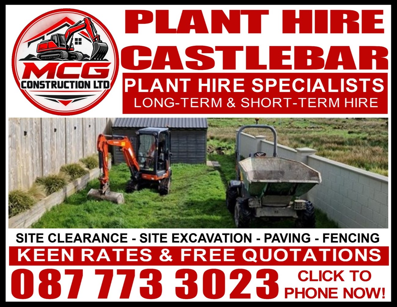 Click to phone now enquiring on plant hire in Castlebar
